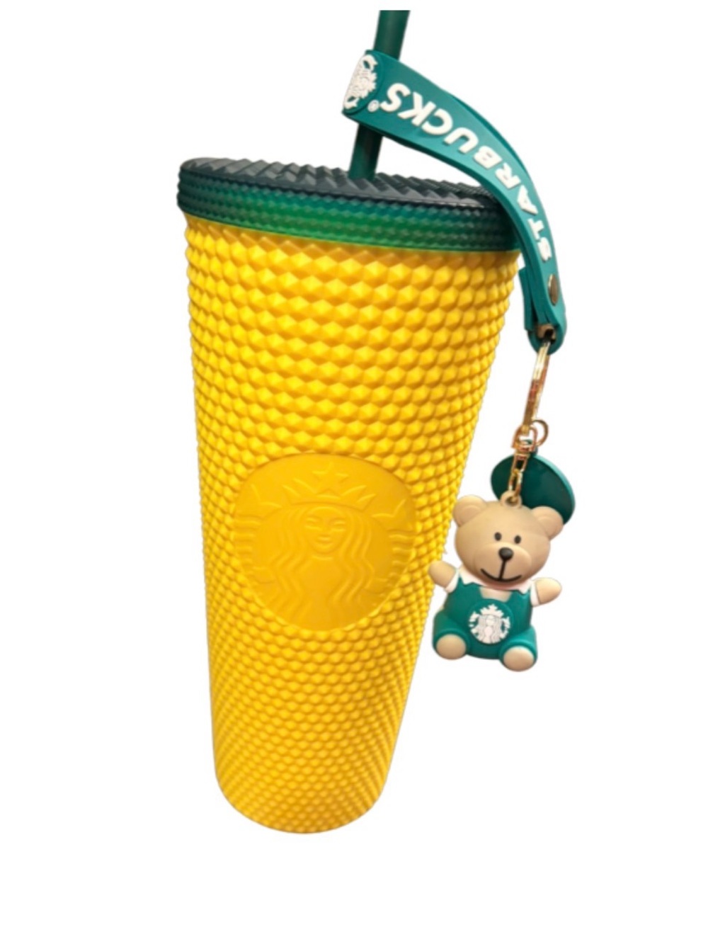 STARBUCKS- Yellow Textured Tumbler with Green Strap and Bear keychain
